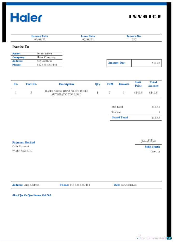 Download USA Haier invoice Photoshop template